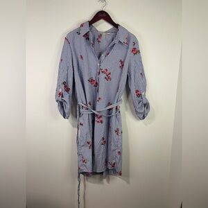 Tacera Striped Blue Dress with Pink Floral embroidered accents.